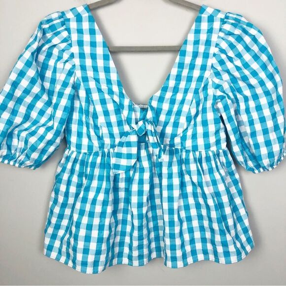 LILLY PULITZER | NEW Sarafina Turquoise Oasis Crinkle Gingham Top Women’s Size 4 - Picture 4 of 15